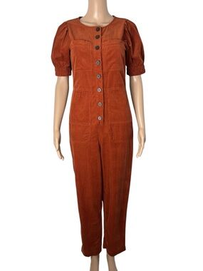 Madewell Copper Corduroy Puff Sleeve Button Front Retro Style Cotton Jumpsuit